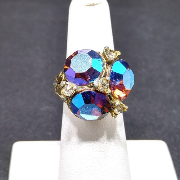 Vintage Aurora Borealis Rhinestone Ring, Adjustable US Size 7, 1960s - Picture 1 of 10